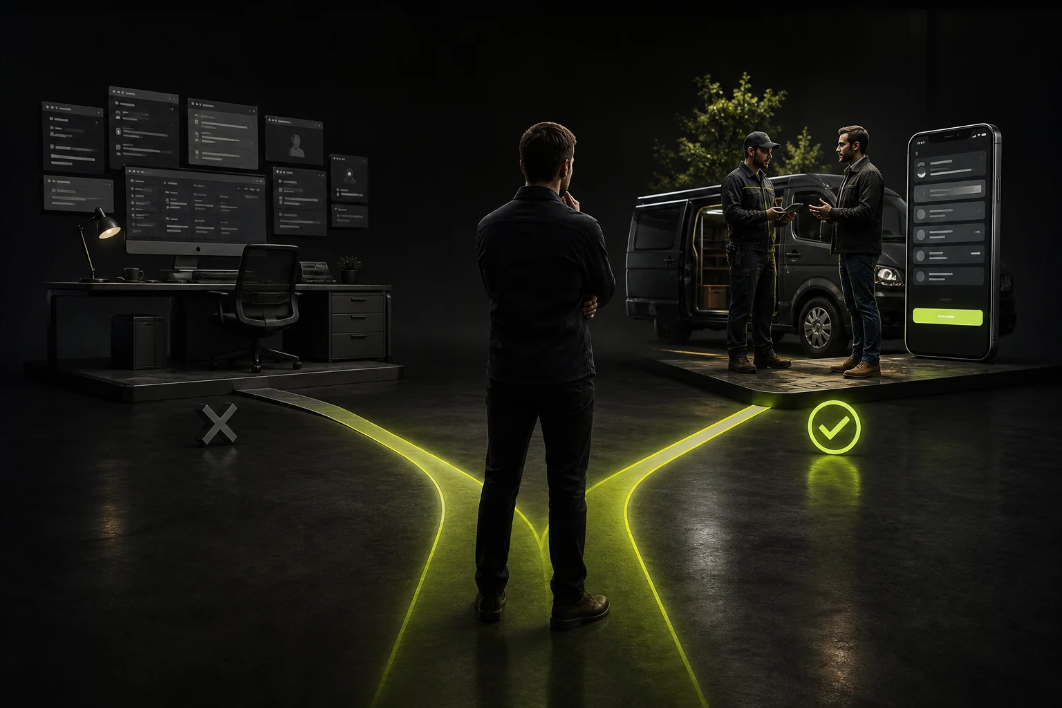 移动端服务现场动作,不复制桌面后台的视觉化说明