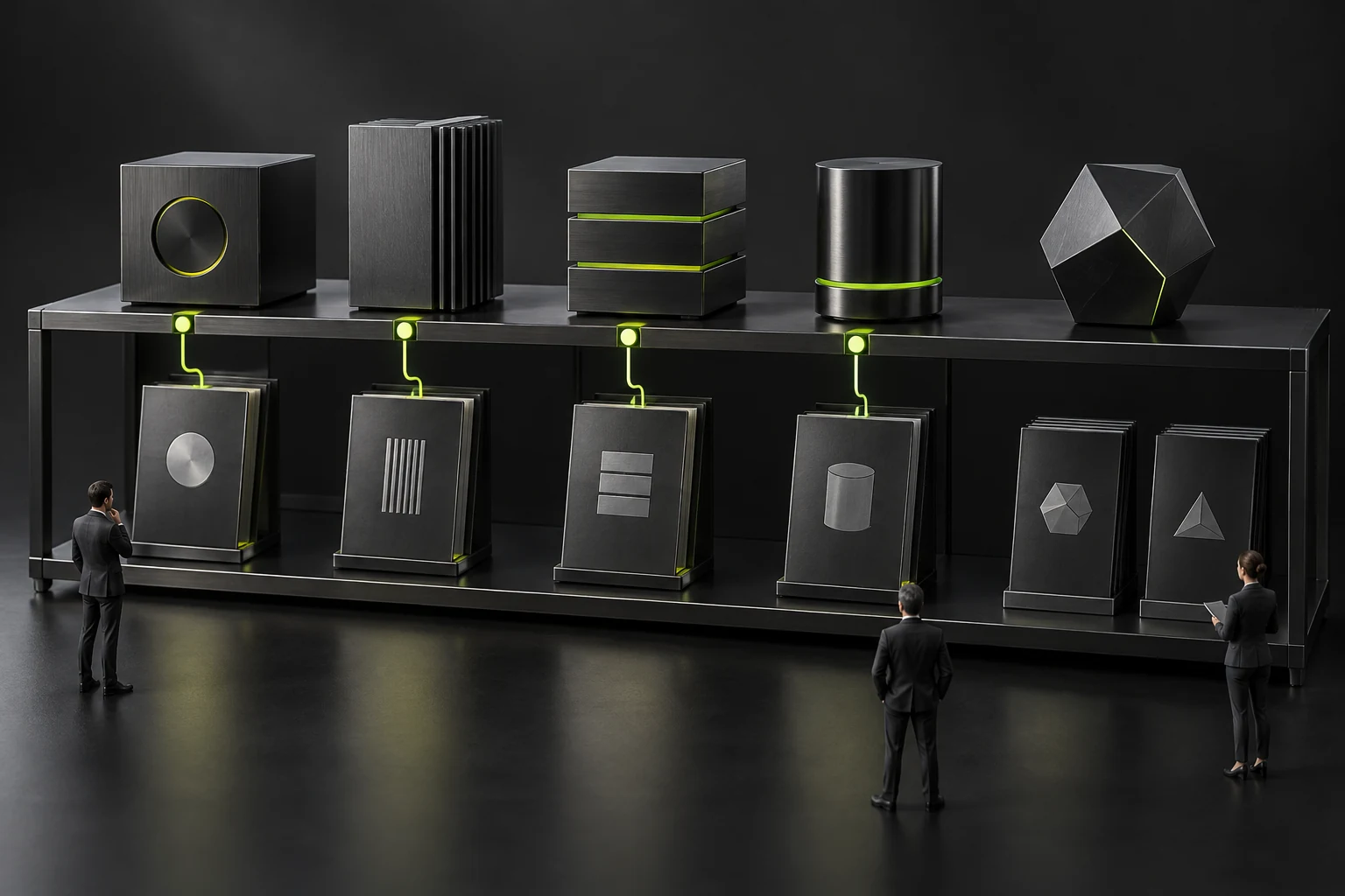 Concept illustration of a miniature document shelf linking after-sales files by model, configuration, and version