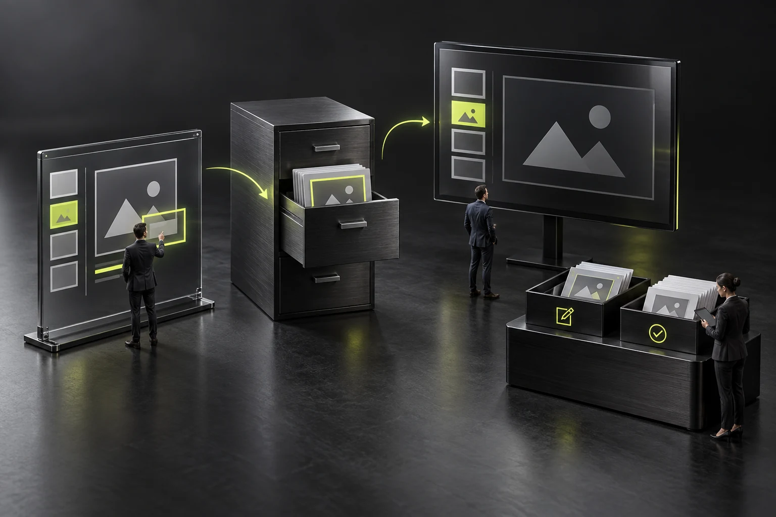 A miniature scene verifying templates through editing, saving, and presenting