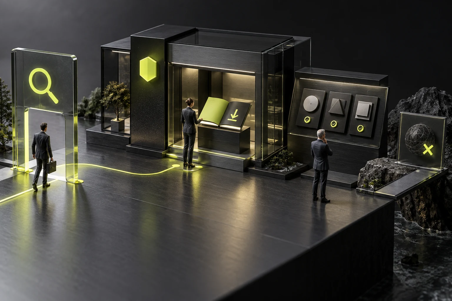 A miniature scene checking adopted versions through public entries, websites, and attachments