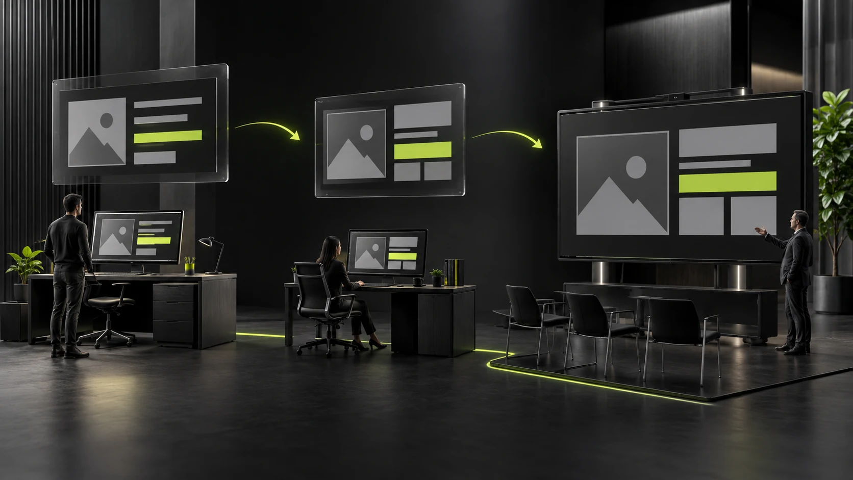 A miniature scene checking PPT fonts from production computers through employee editing and presentation