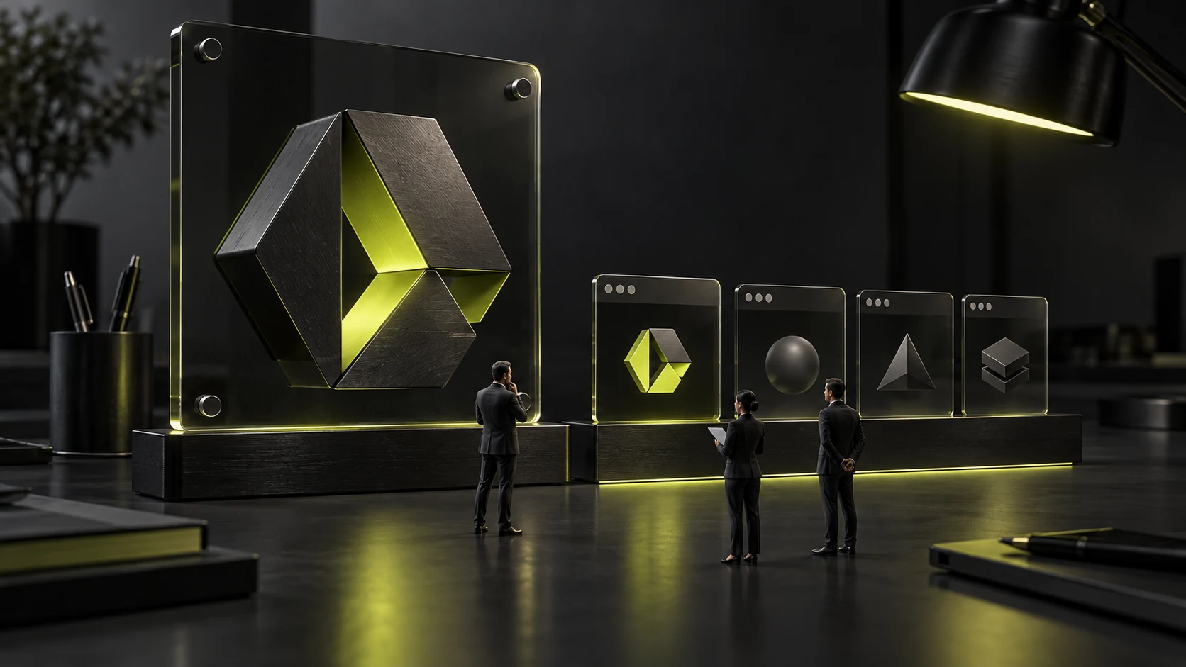 A miniature scene comparing complete logos and dedicated small-size versions in actual locations
