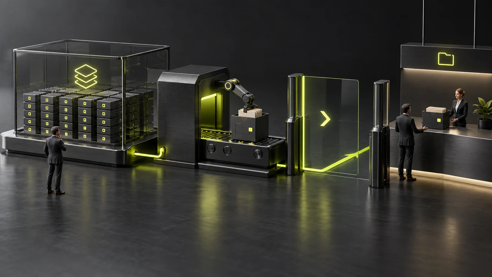 A miniature scene separating data scope, file generation, and retrieval