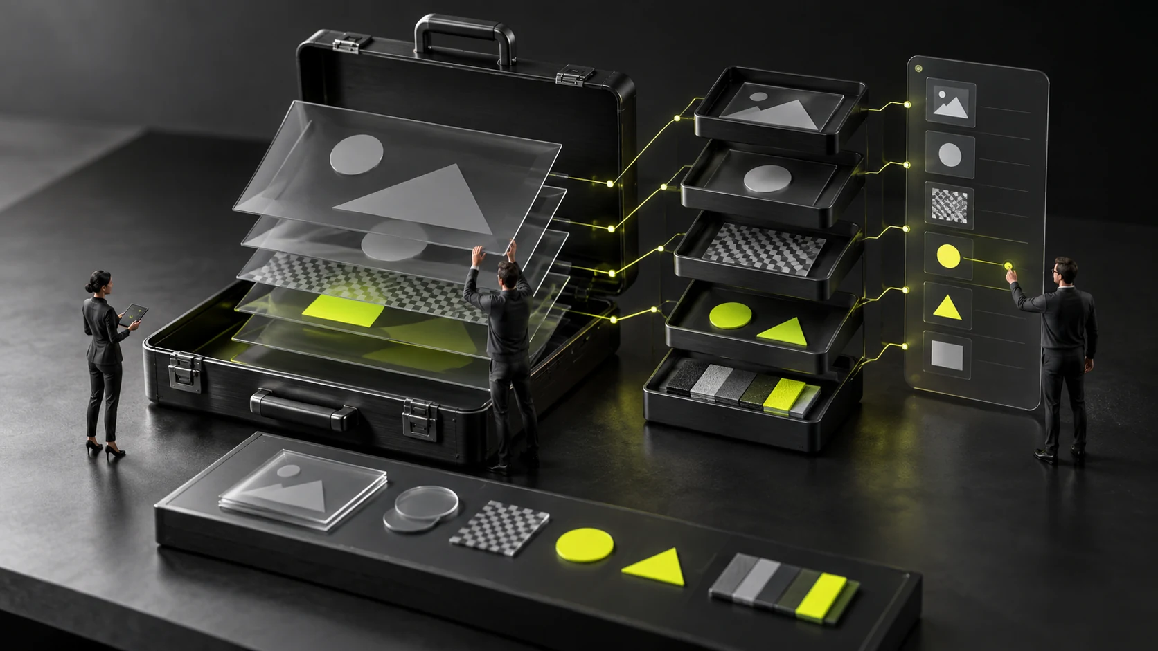 A miniature scene checking source-file layers and dependencies through actual maintenance tasks