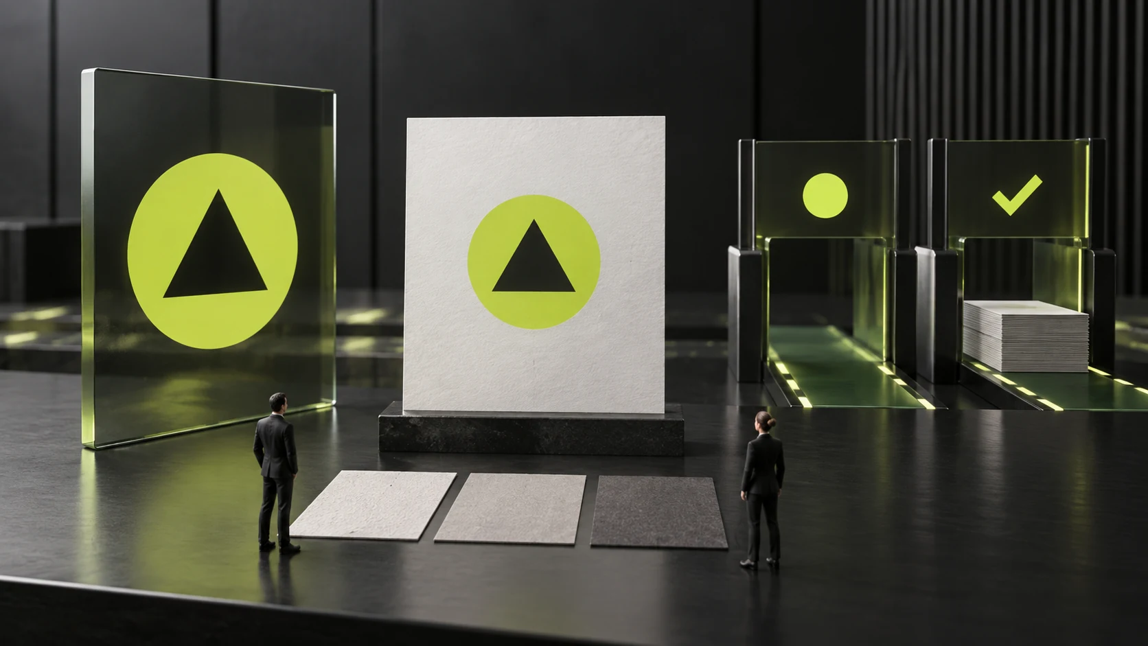 A miniature scene confirming screen previews separately from physical print proofs