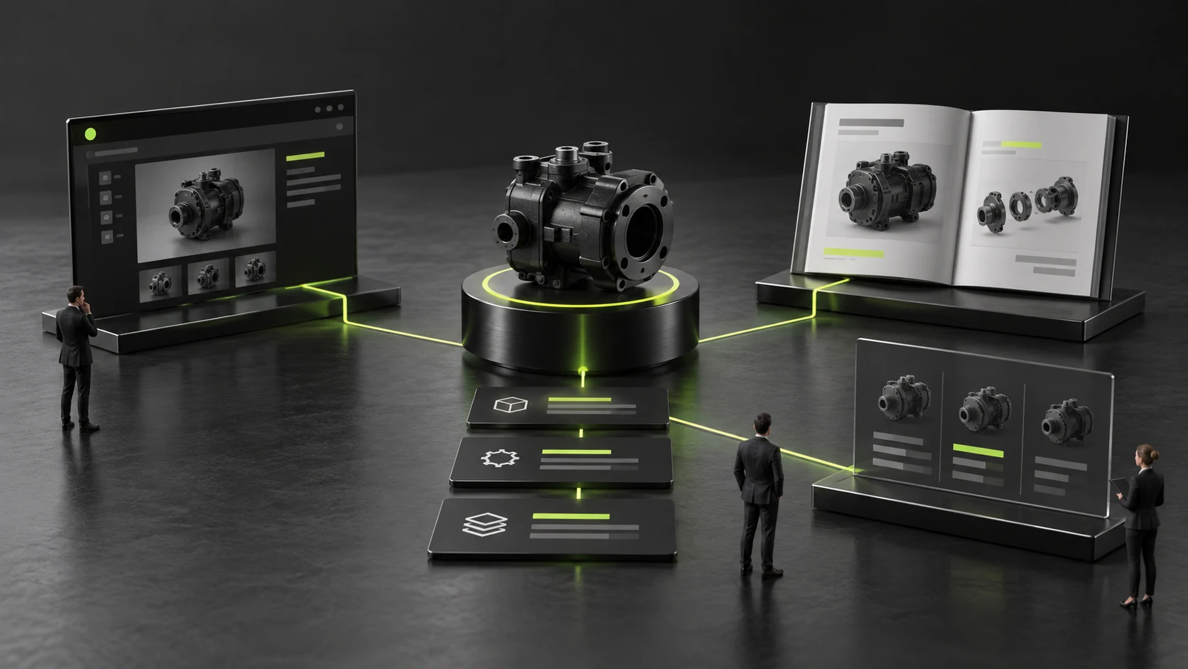 Miniature model linking the same product specification source to a company website and document files