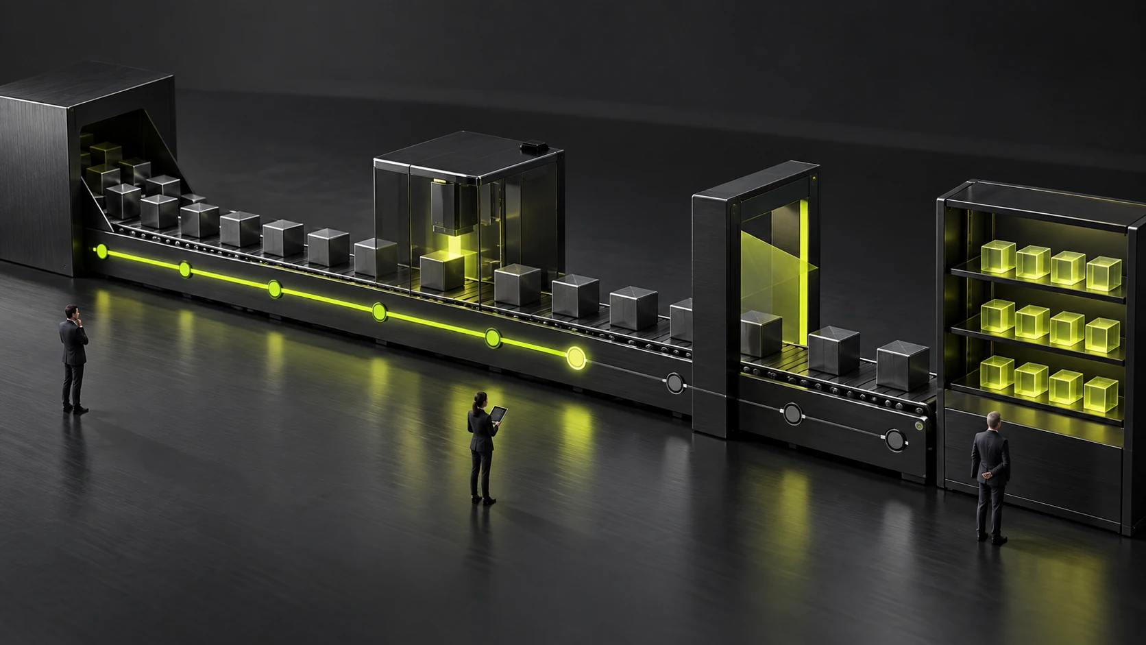 A miniature long-task scene separating finished processing from ready final results