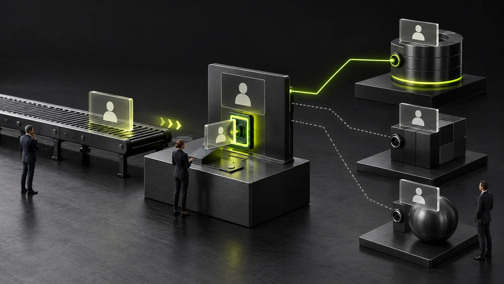 A miniature scene identifying duplicates by business identity rather than similar names