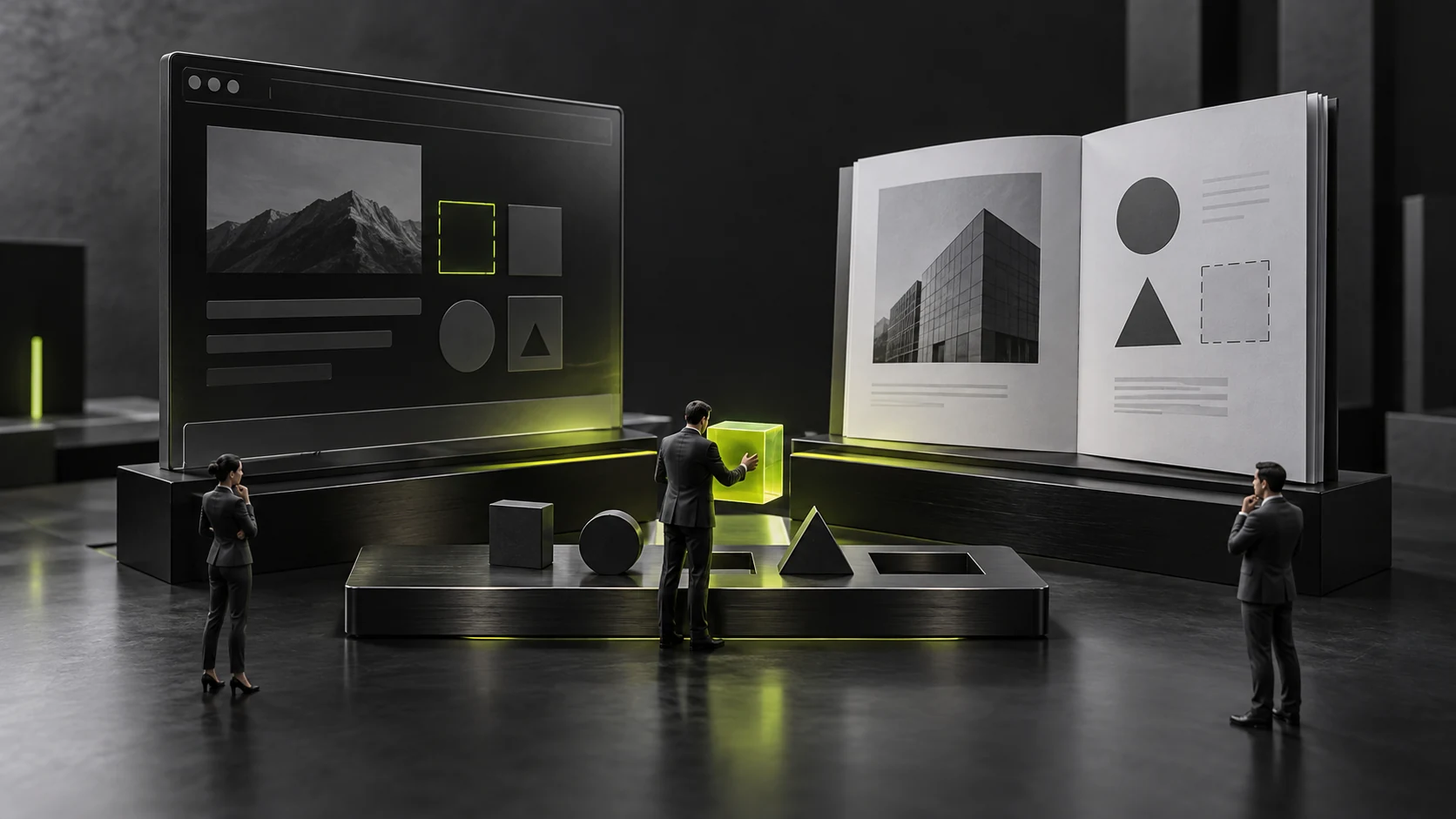 A miniature scene tracing conflicting website and brochure fields back to their fact sources