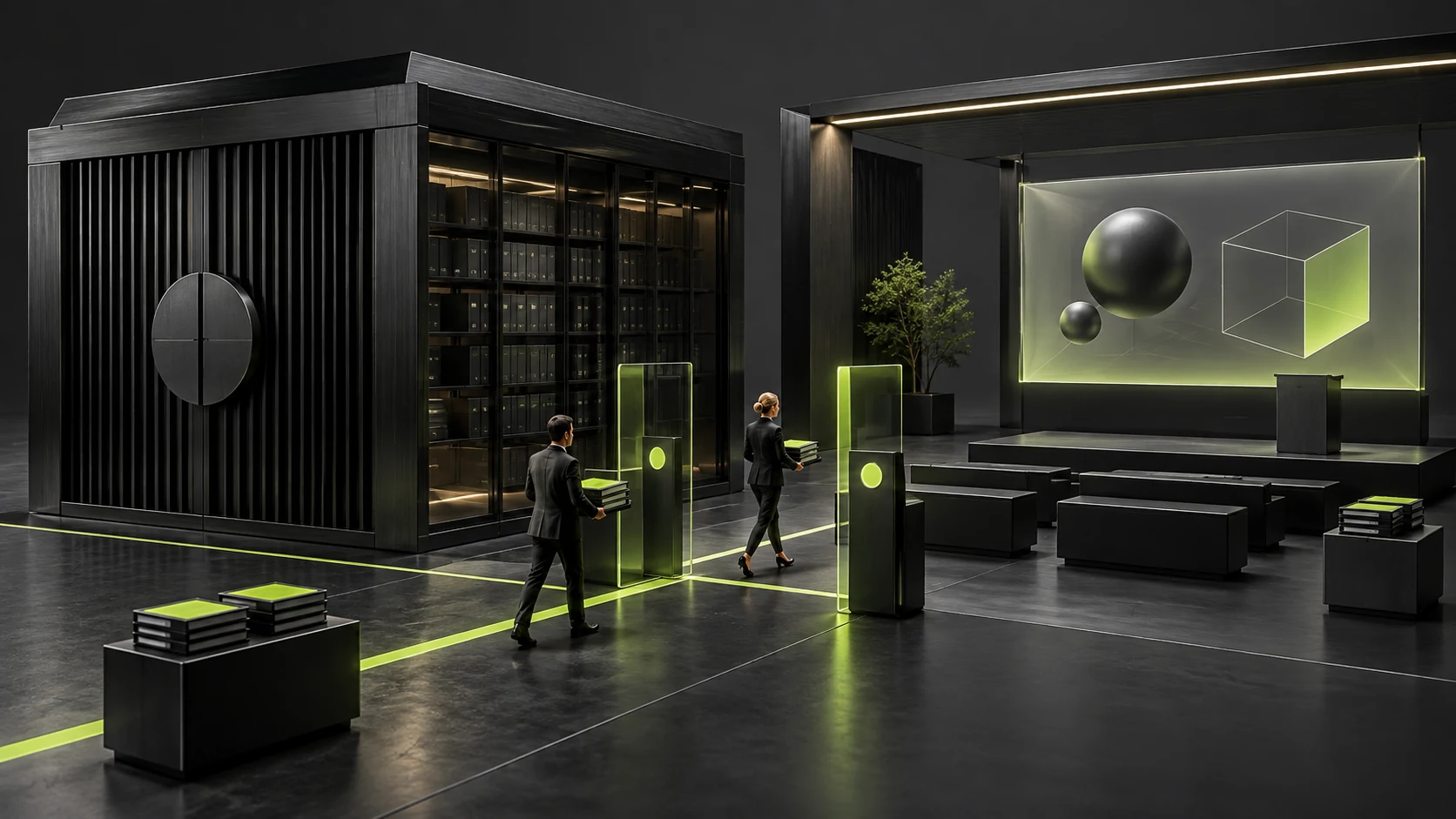 A miniature editorial scene separating approved public materials from internal project archives