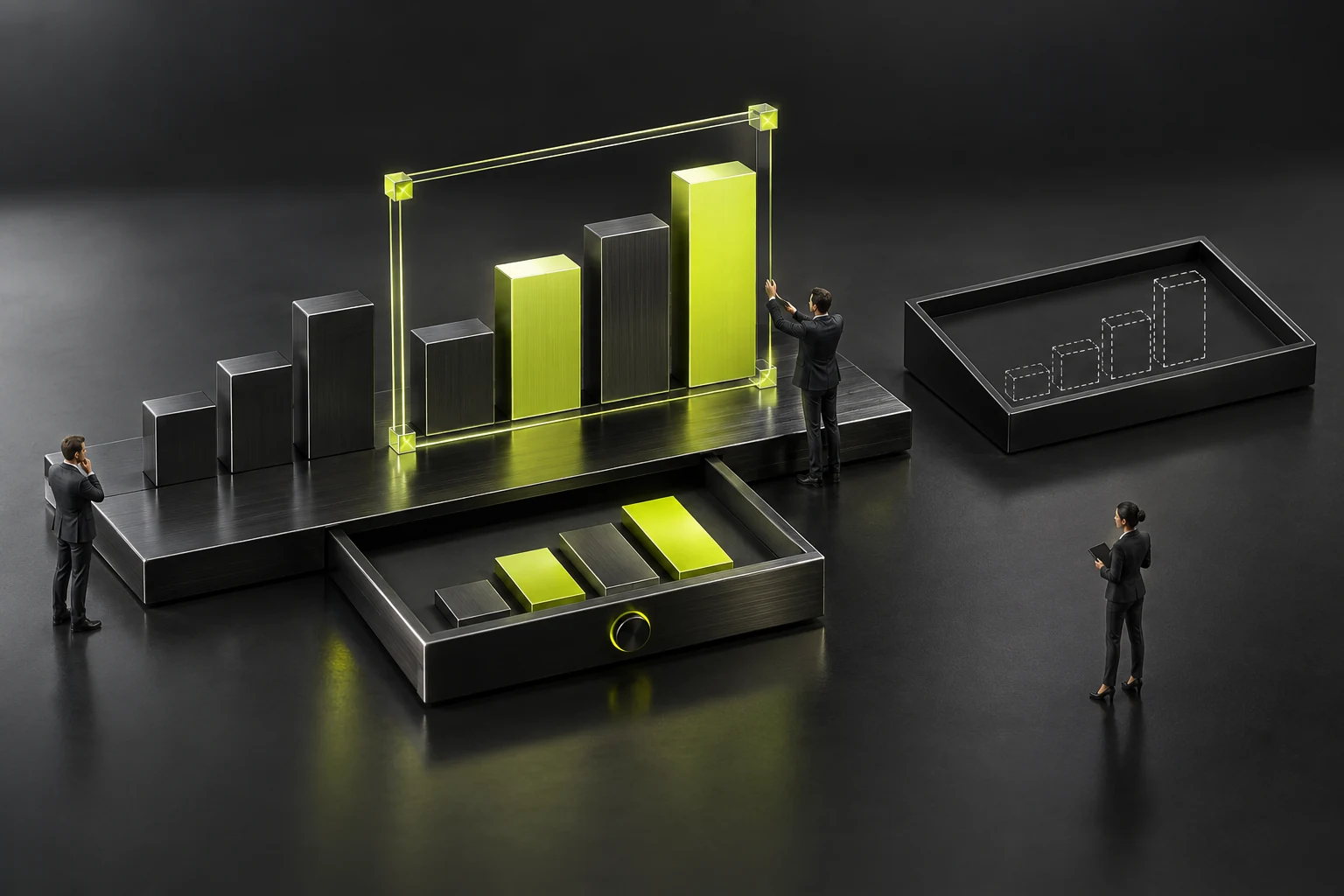 A miniature scene checking scoped charts, details, and comparison baselines together