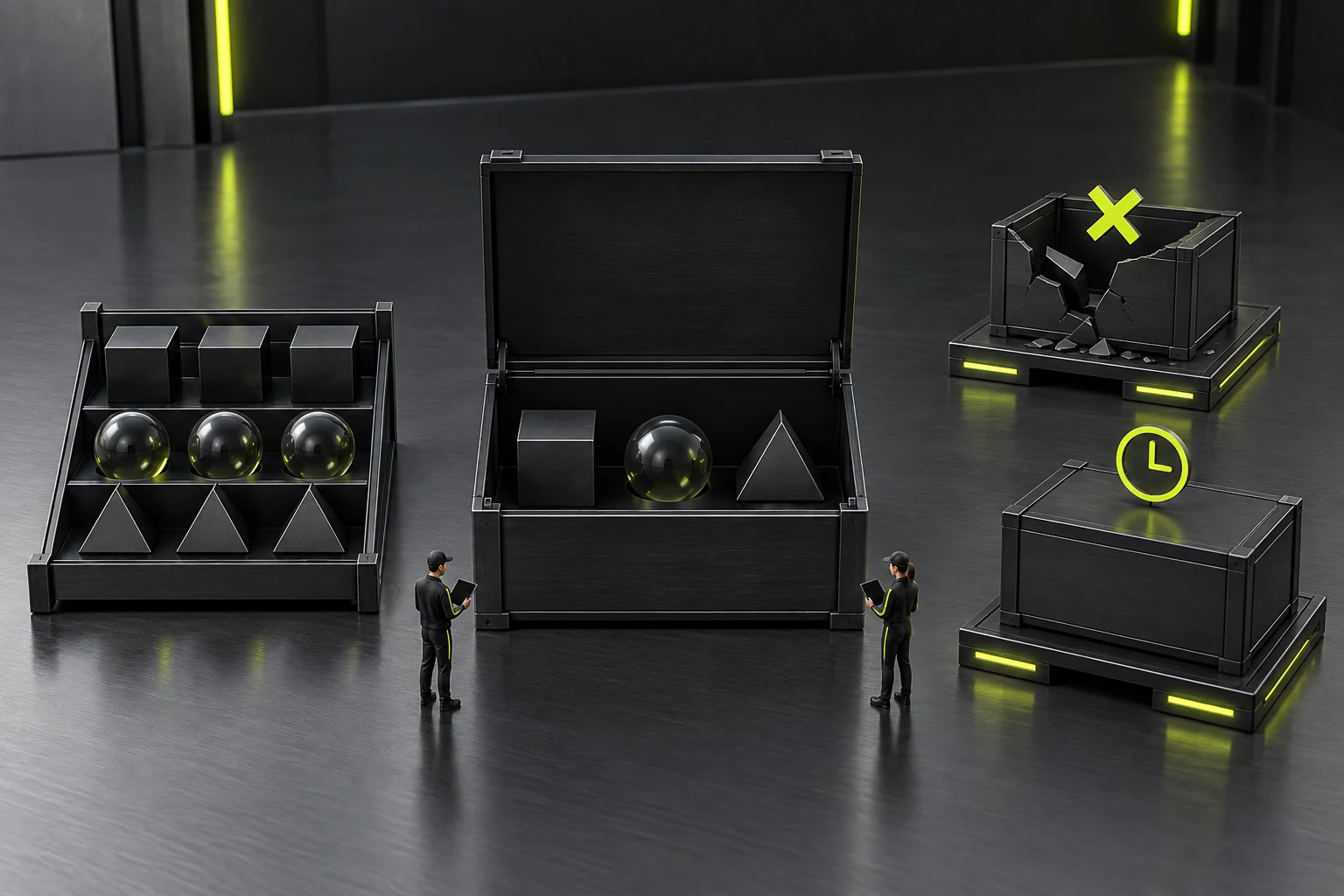 A miniature scene separately checking file contents, scope, failure, and expiry