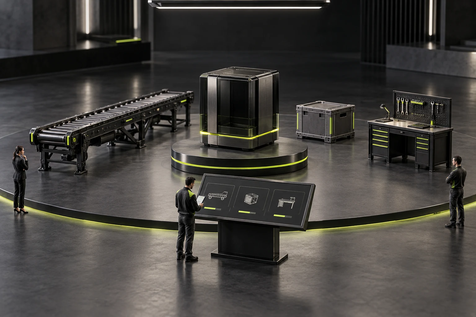 Concept illustration of a miniature scene checking production, sales, stock, and support arrangements separately