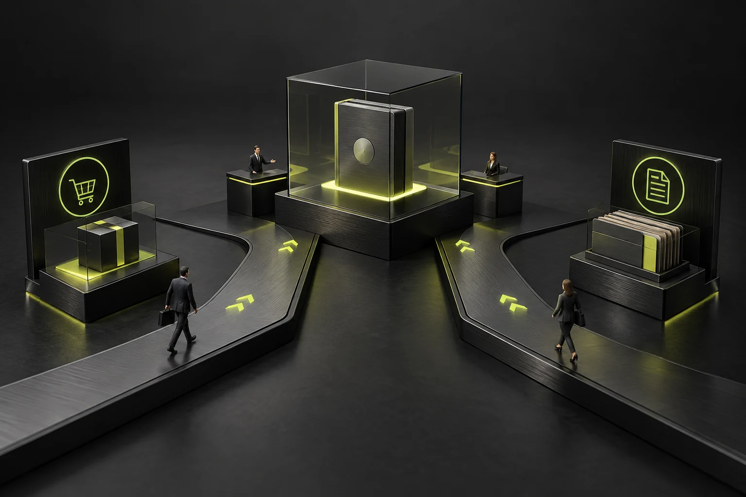 Concept illustration of a miniature scene checking product information paths separately for new buyers and existing customers