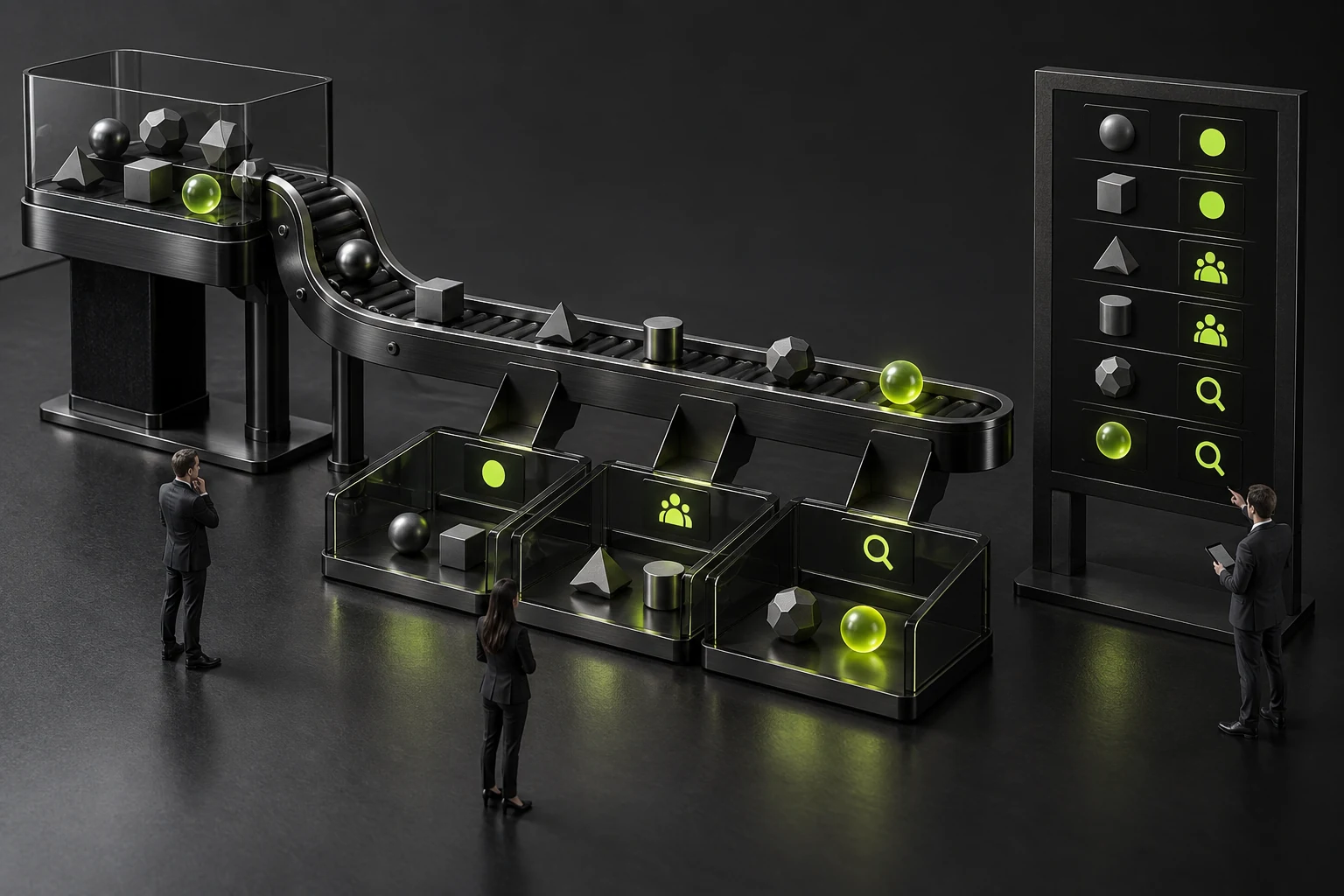 Concept illustration of a miniature test station checking primary owners and collaboration assignments across six sample types