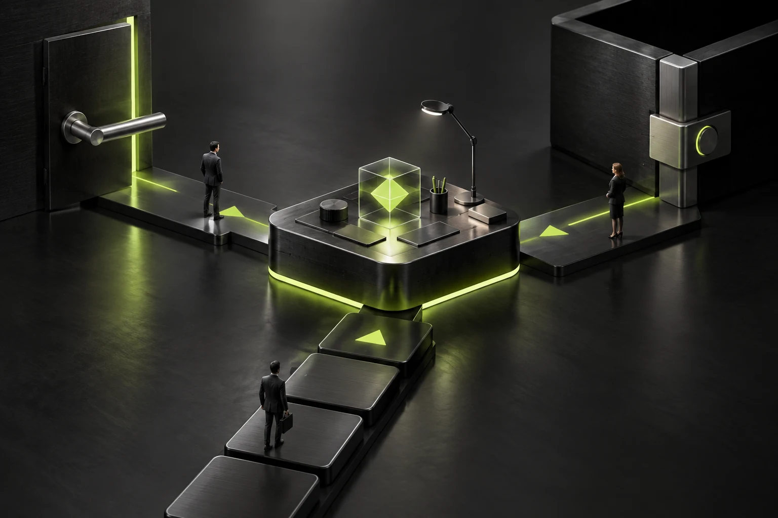 A miniature scene applying one change-state judgment across closing paths