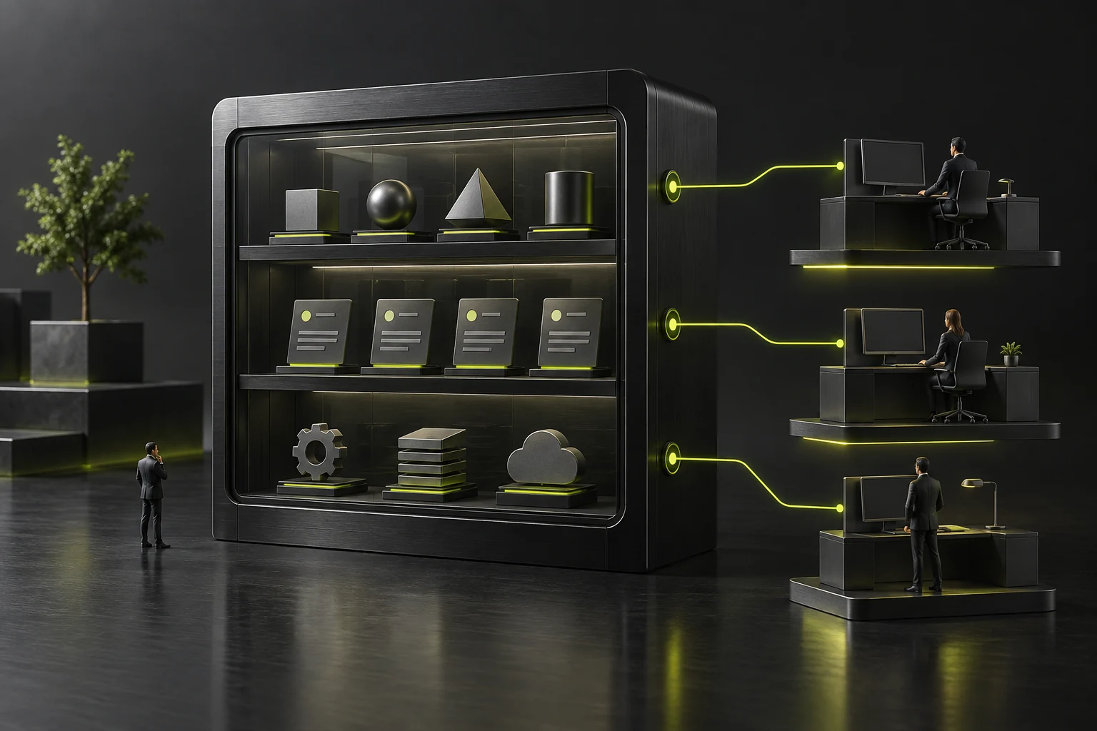 A miniature responsibility cabinet connecting content fact sources with maintenance roles