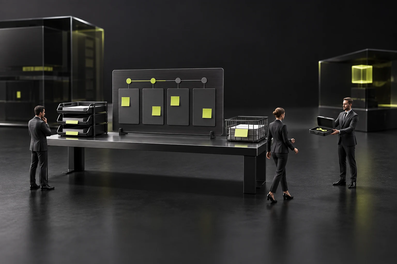 A miniature scene handing over content ledgers, materials, and unfinished items together