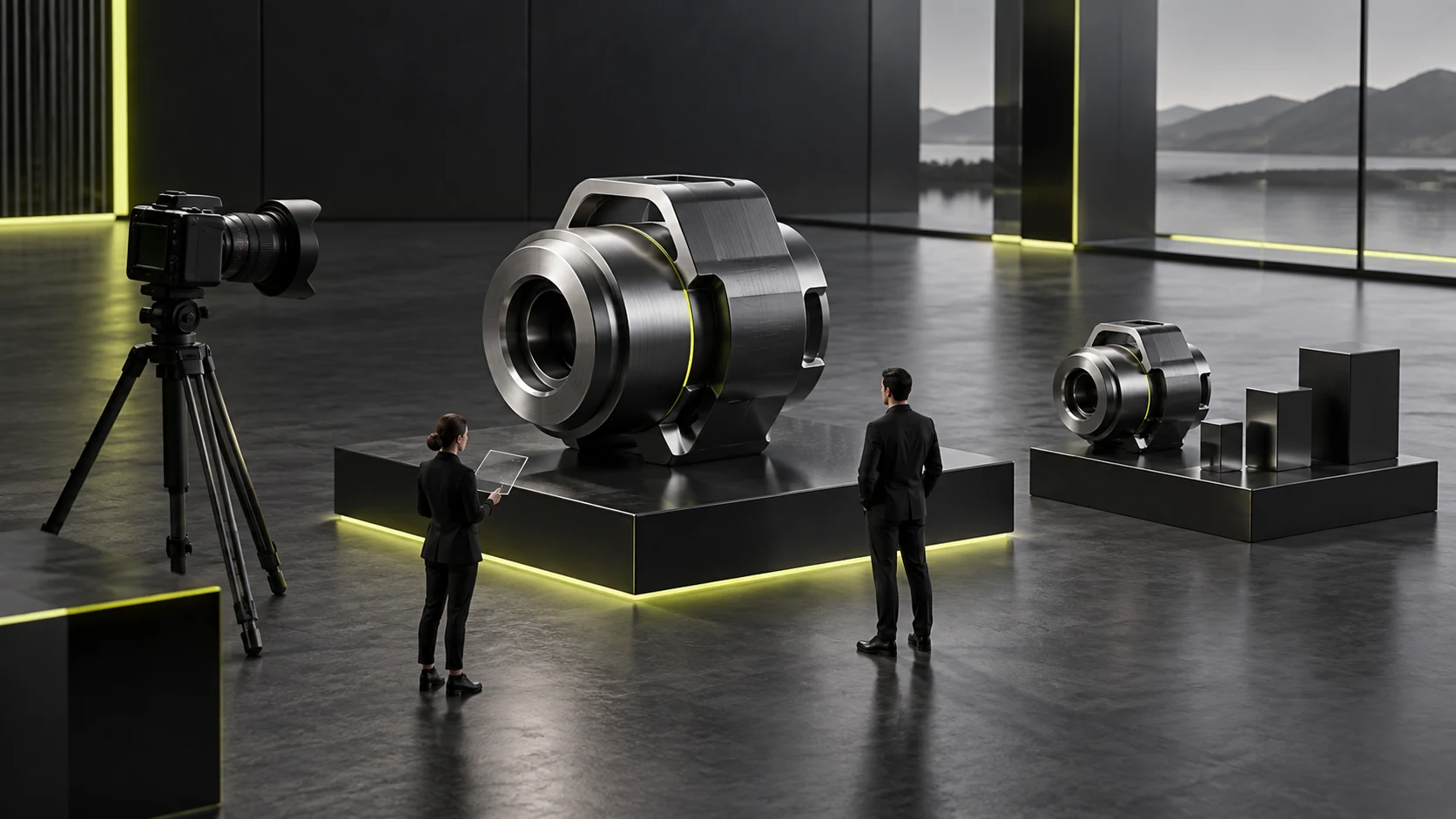 A complete machine and staff member provide a reference for overall size