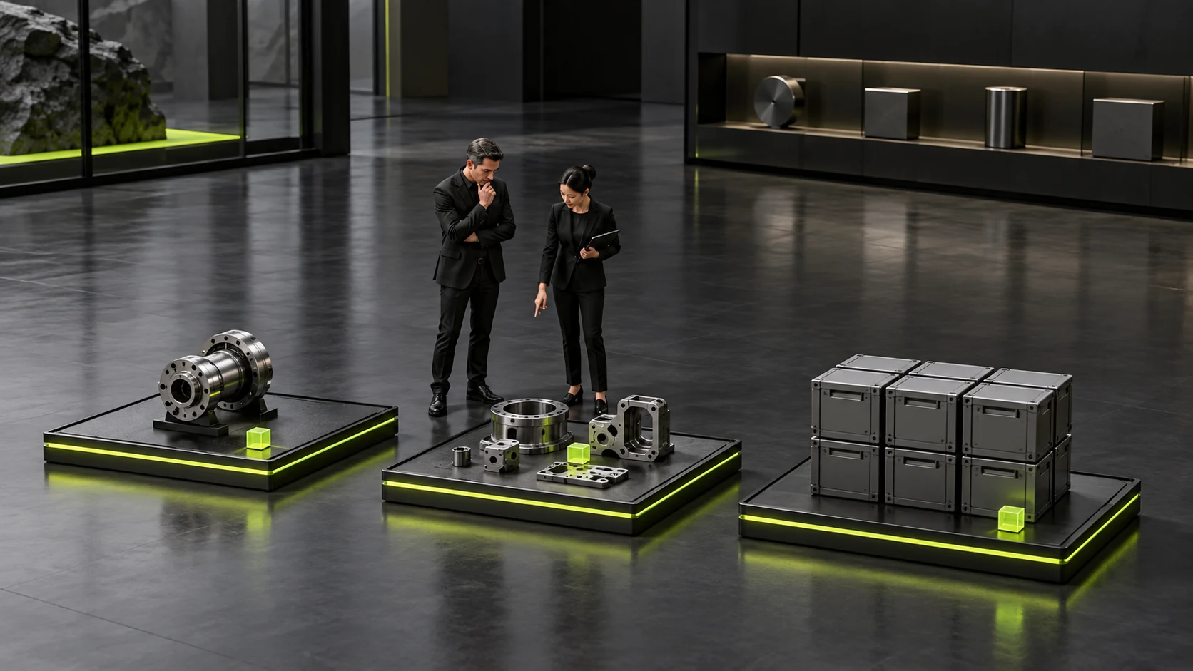 Miniature scene showing three preparation stages for samples, trial production and bulk purchasing