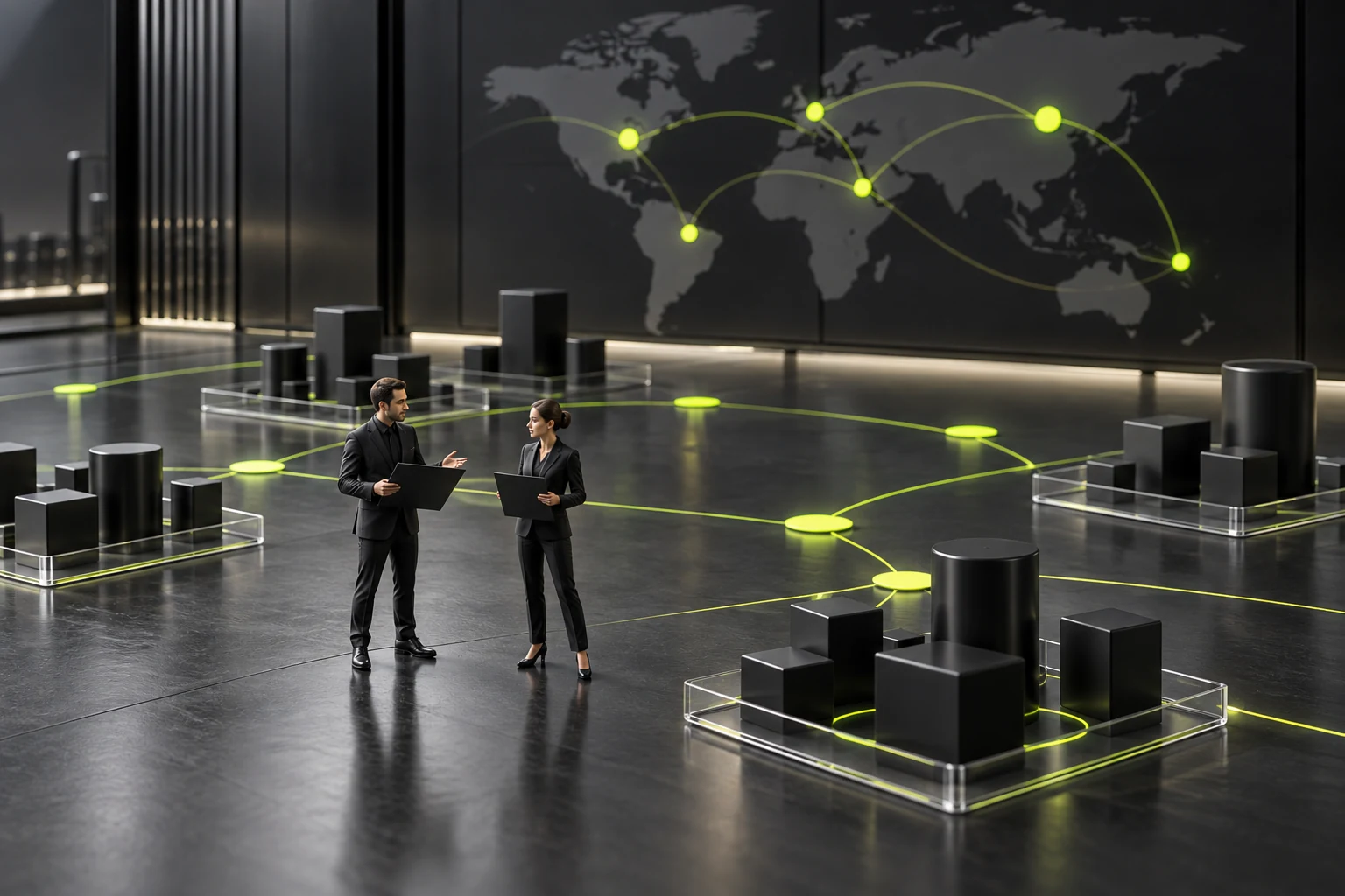 Miniature scene discussing channel cooperation through coverage and business tasks
