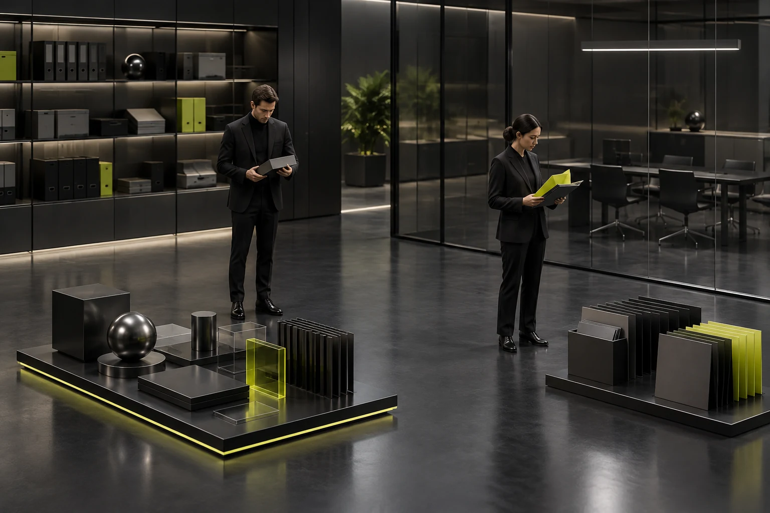 Miniature scene distinguishing internal work materials from external product explanations