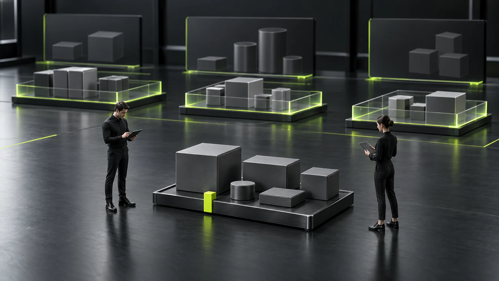Miniature scene checking current purchase quantities and future demand estimates separately