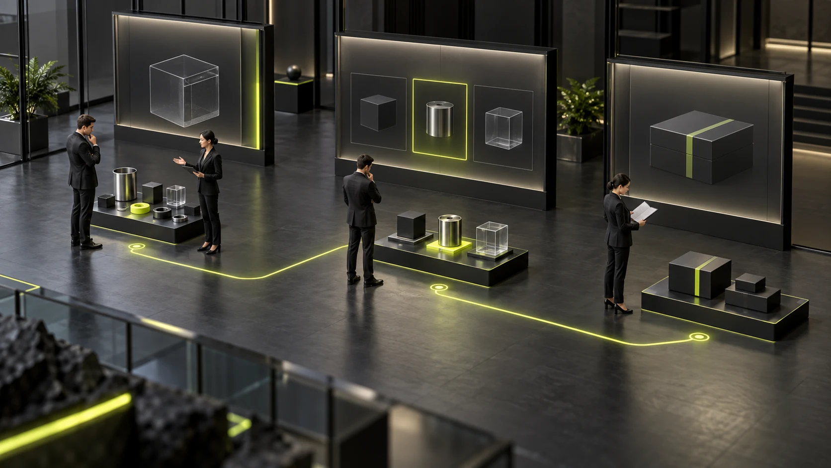 Miniature scene distinguishing initial inquiries, product evaluation, and further purchasing