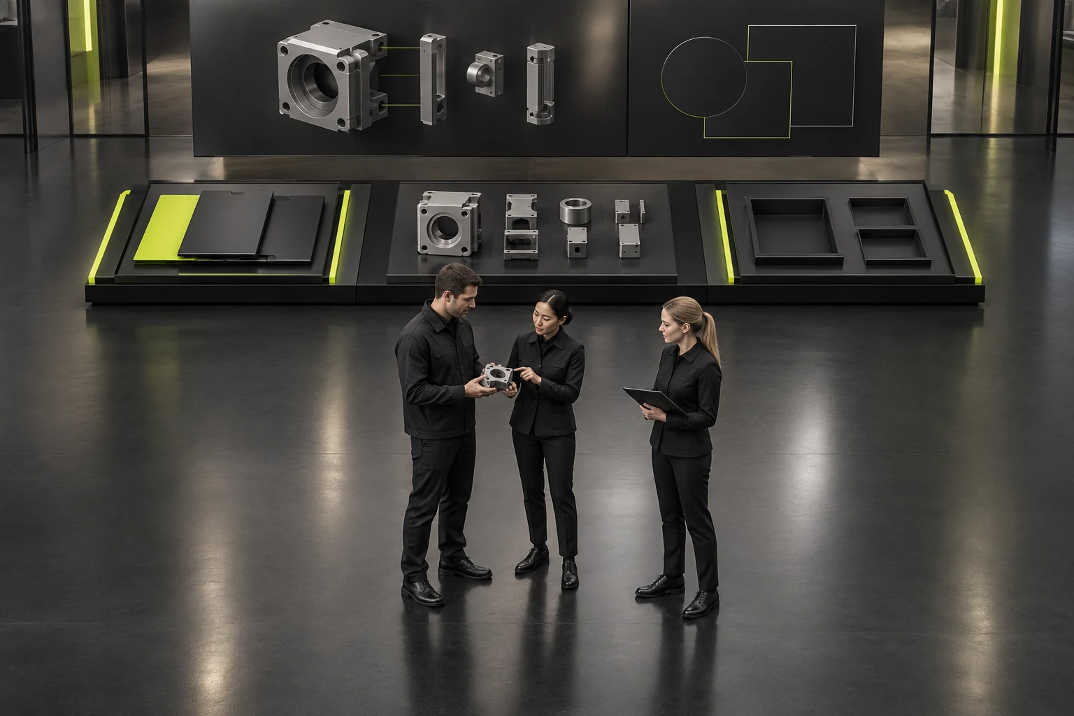 Miniature scene reviewing items and confirmed scope after a cross-role handoff