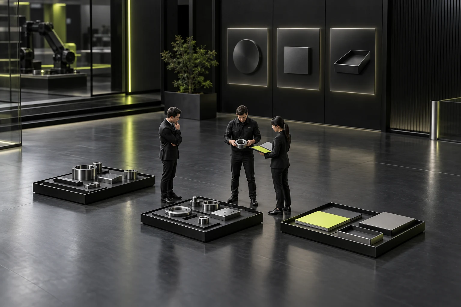 Concept illustration of a miniature scene showing sales and delivery staff jointly checking the website's offering scope