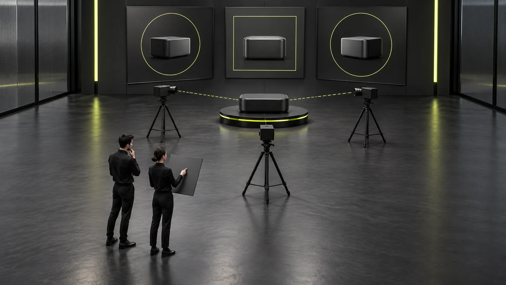 Miniature scene showing product photography tasks arranged around customer judgment questions