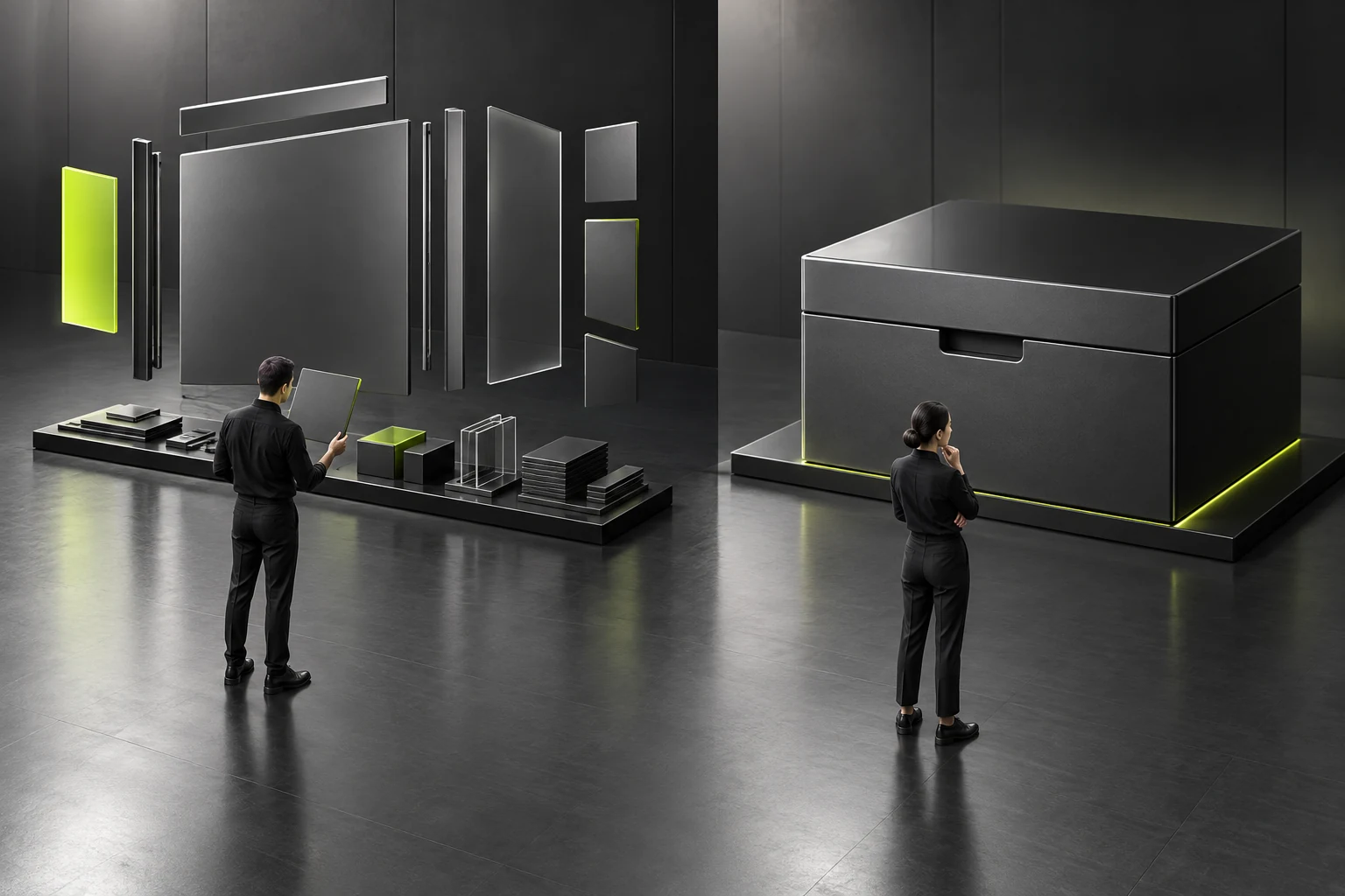 Scene showing the production differences between editable assets and materials available only as images