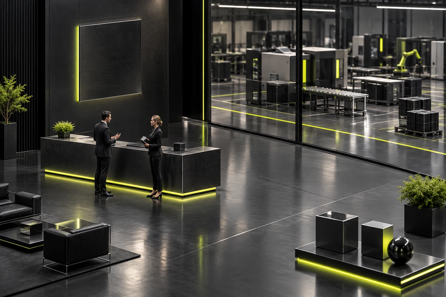 Miniature scene distinguishing production-background locations from business-reception arrangements