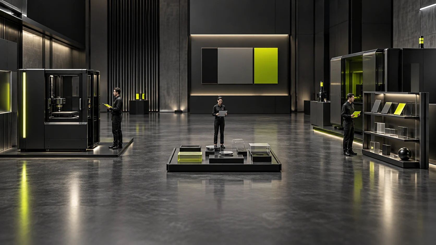 A conceptual scene showing three offerings: equipment purchases, commissioned tasks, and support for existing products
