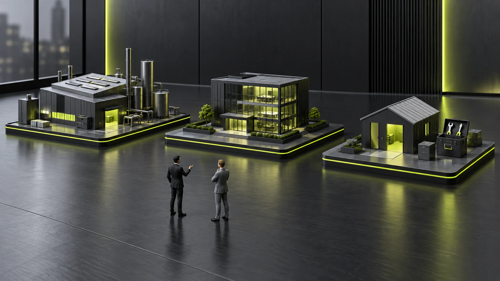 Miniature scene separately checking the functions of production, office, and service locations