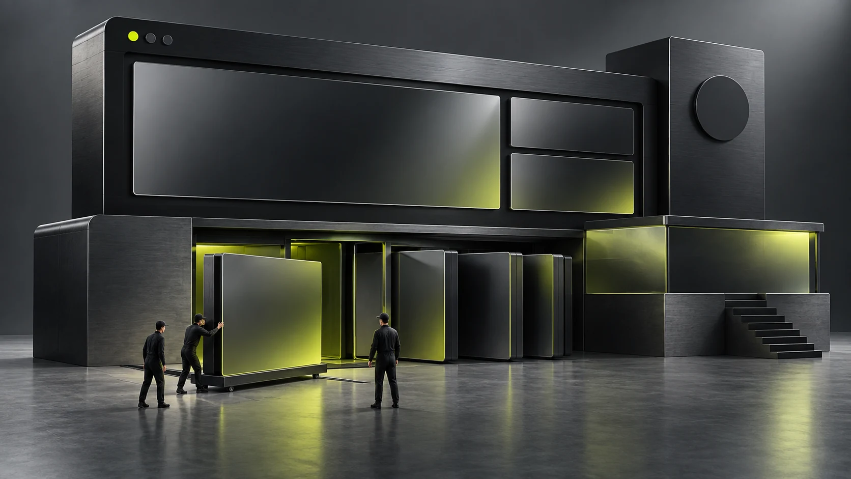 A black and gray homepage structure retains stable modules while a temporary activity module moves toward an archive area; two staff check it from open floor