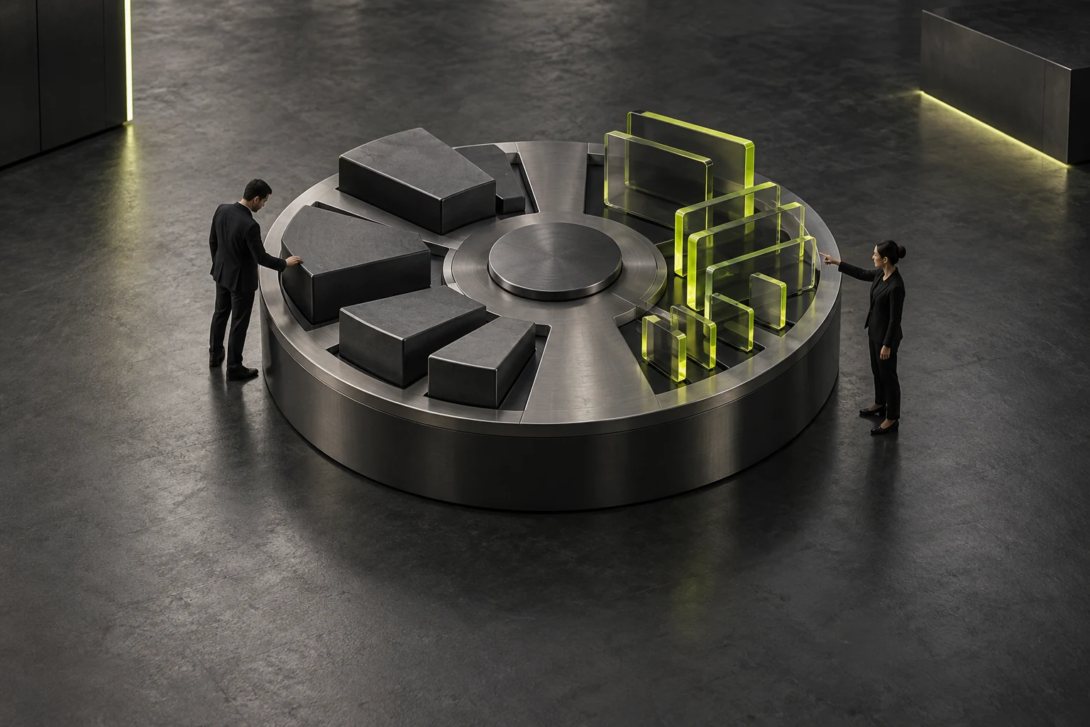 Fixed modules represent permanent content and removable glass modules represent temporary activities, while two staff check validity conditions