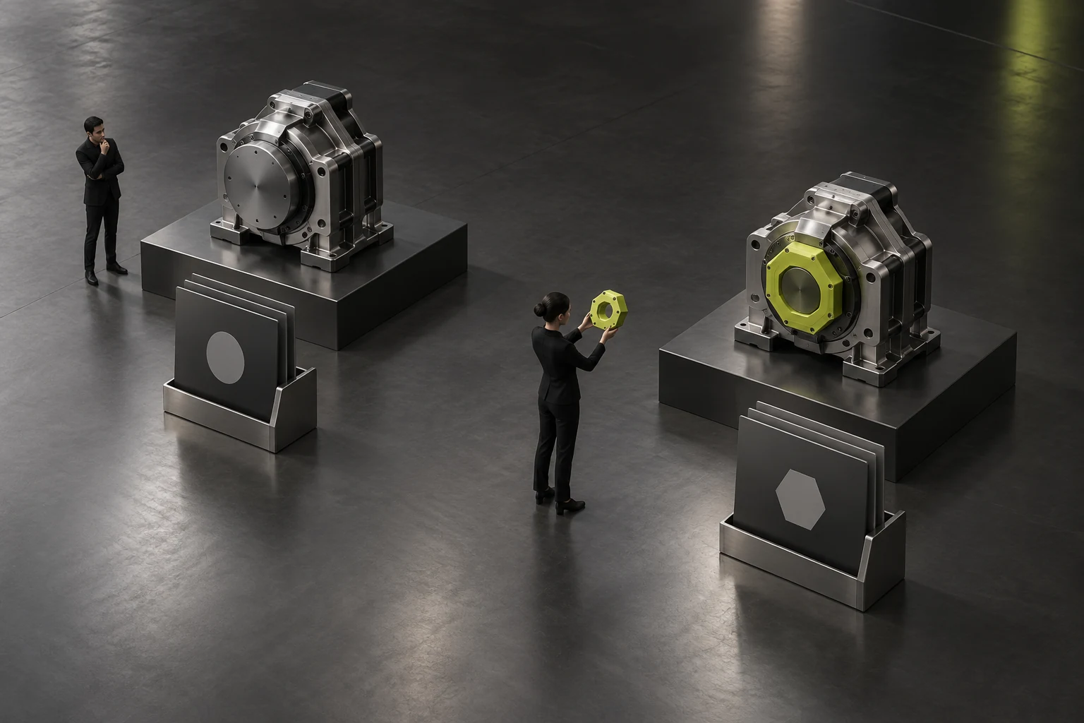 Two similar-looking conceptual products with different configurations have separate materials, while staff check whether they represent the same object