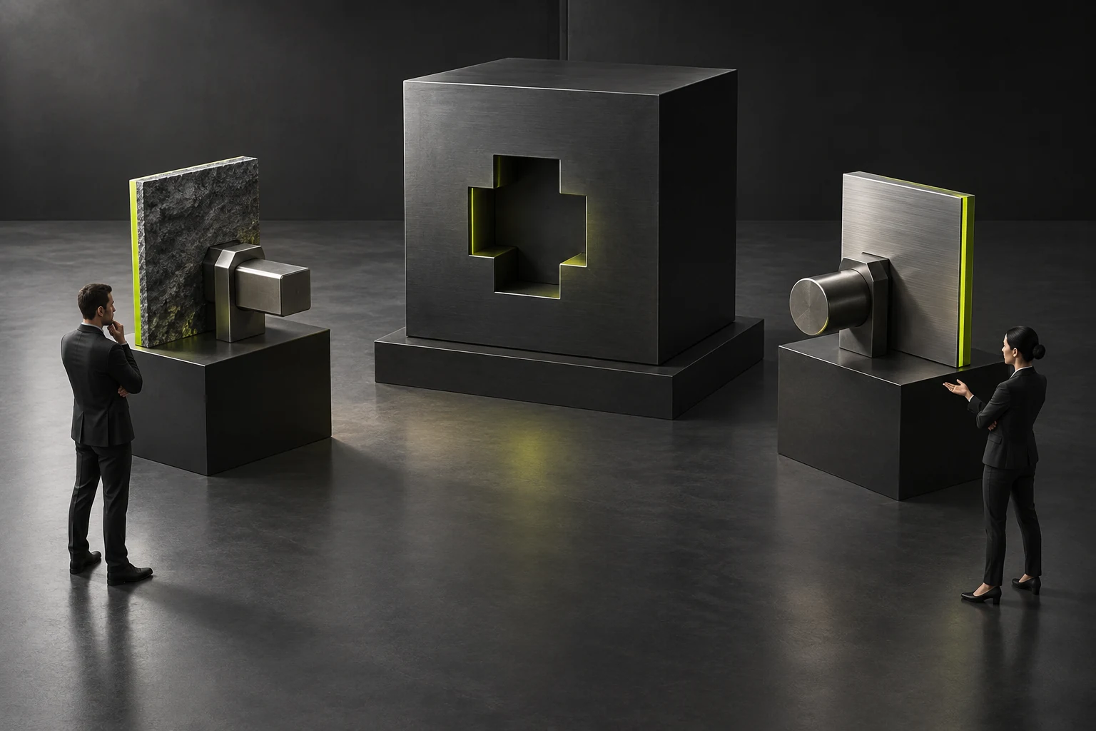 Two differing specification samples sit before confirmation slots while two staff verify the conflicting materials