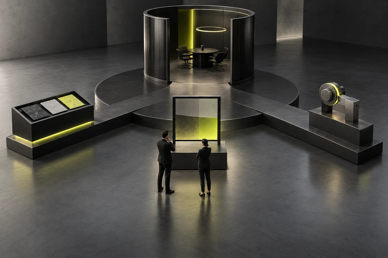 Materials, conditions, and configurations lead from the product display to consultation while staff check required information
