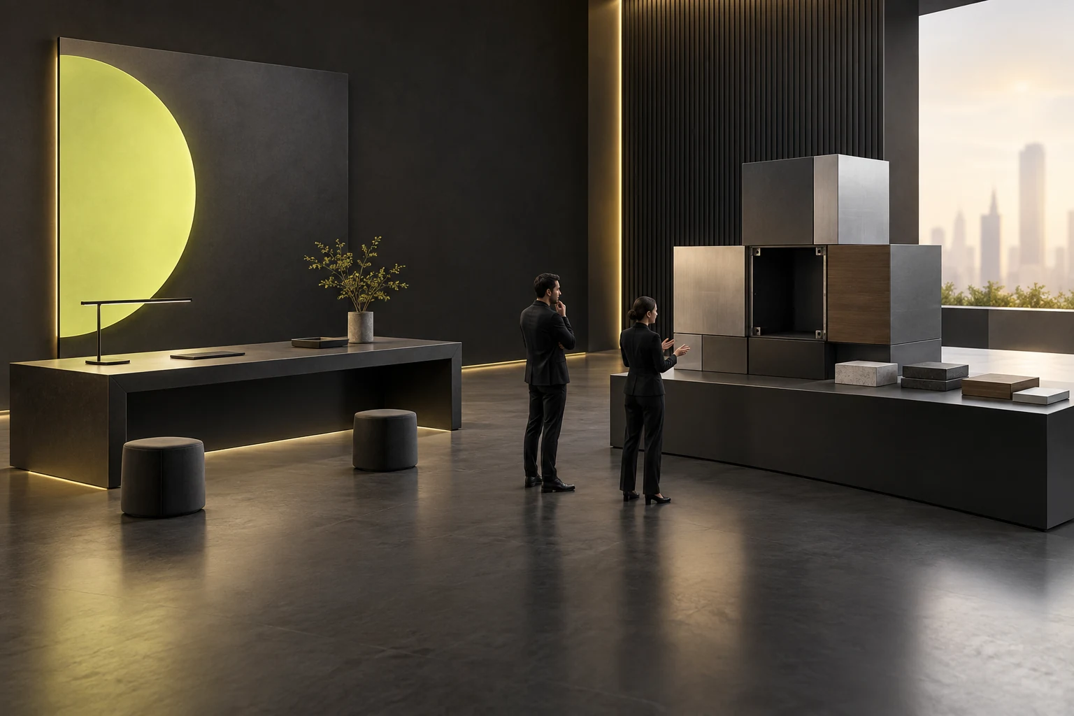 An unconfirmed configuration model and material samples sit in an open discussion area, where staff discuss questions instead of locking a selection