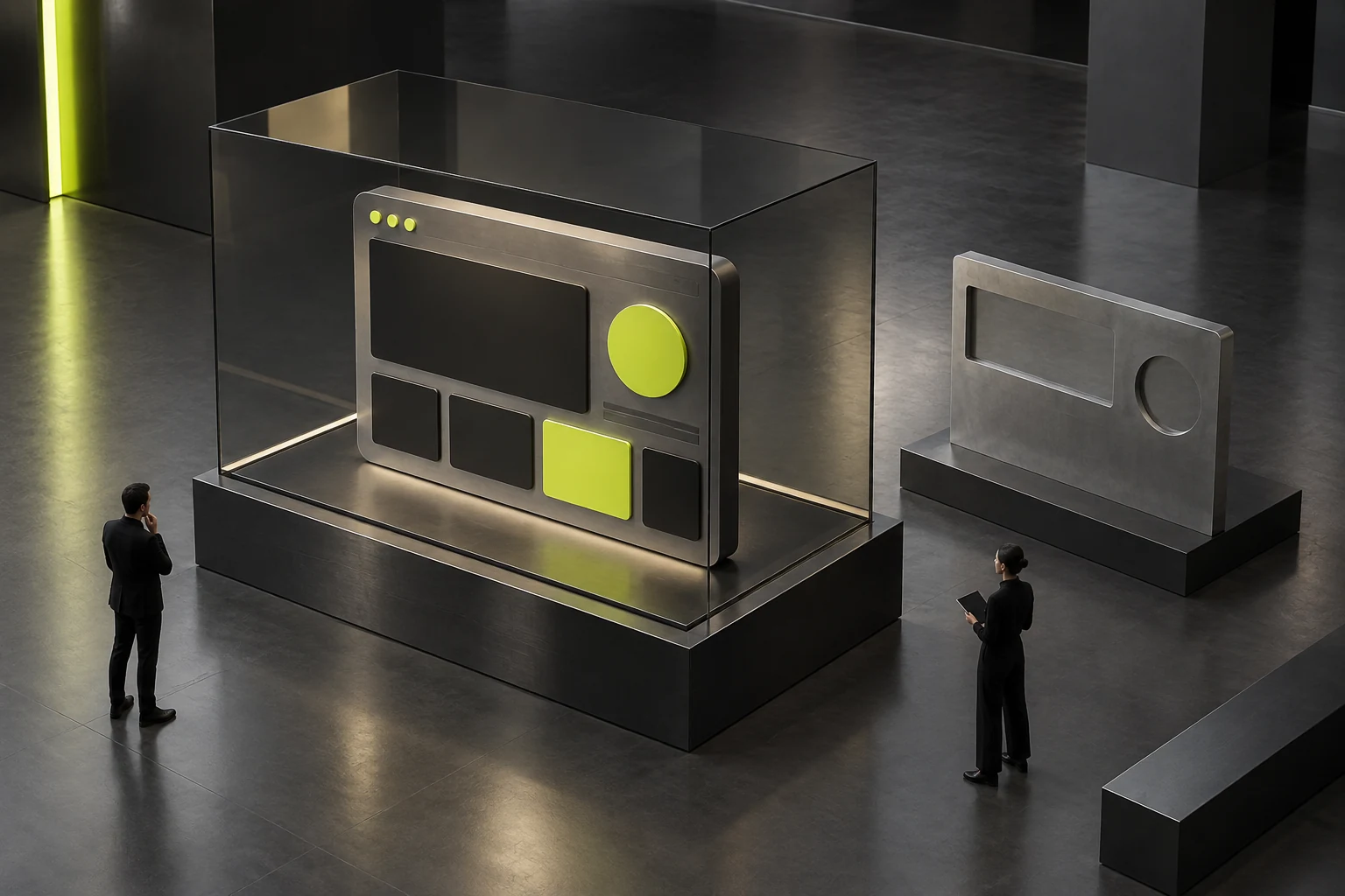 A conceptual page model on a design display stand beside unfinished samples, clearly presented as illustrative work