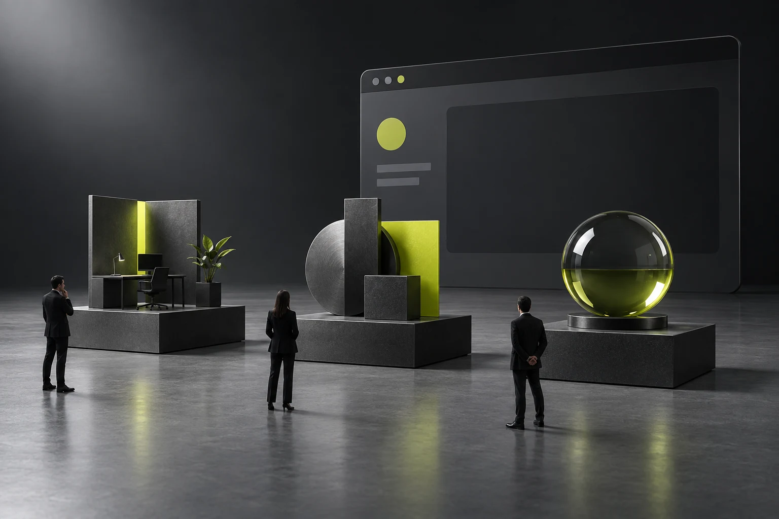 Workplace, business explanation, and decorative objects occupy separate stands while staff assess image purposes
