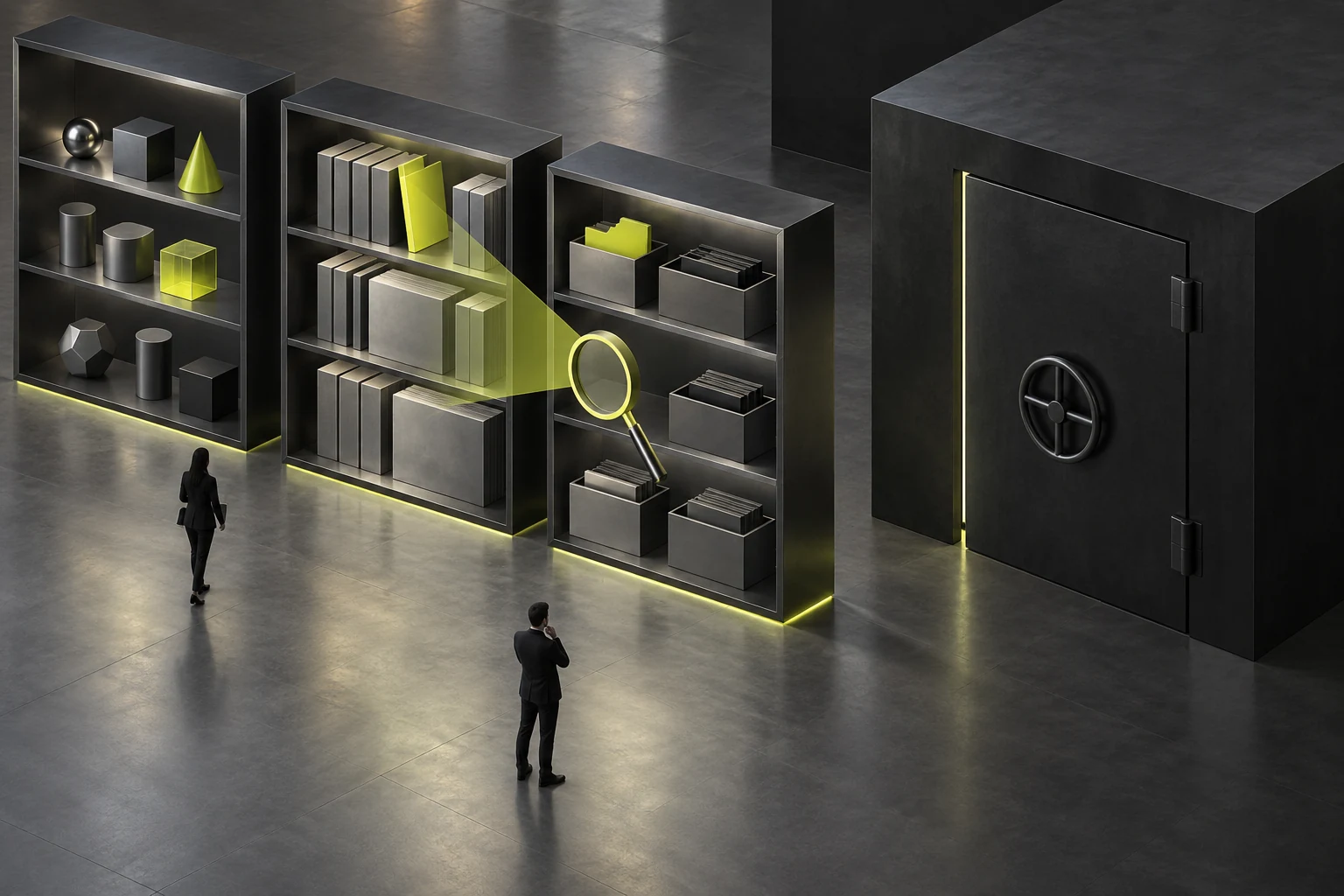 Conceptual illustration of public products, articles, and attachments in separate areas, with a search lens avoiding a closed draft library