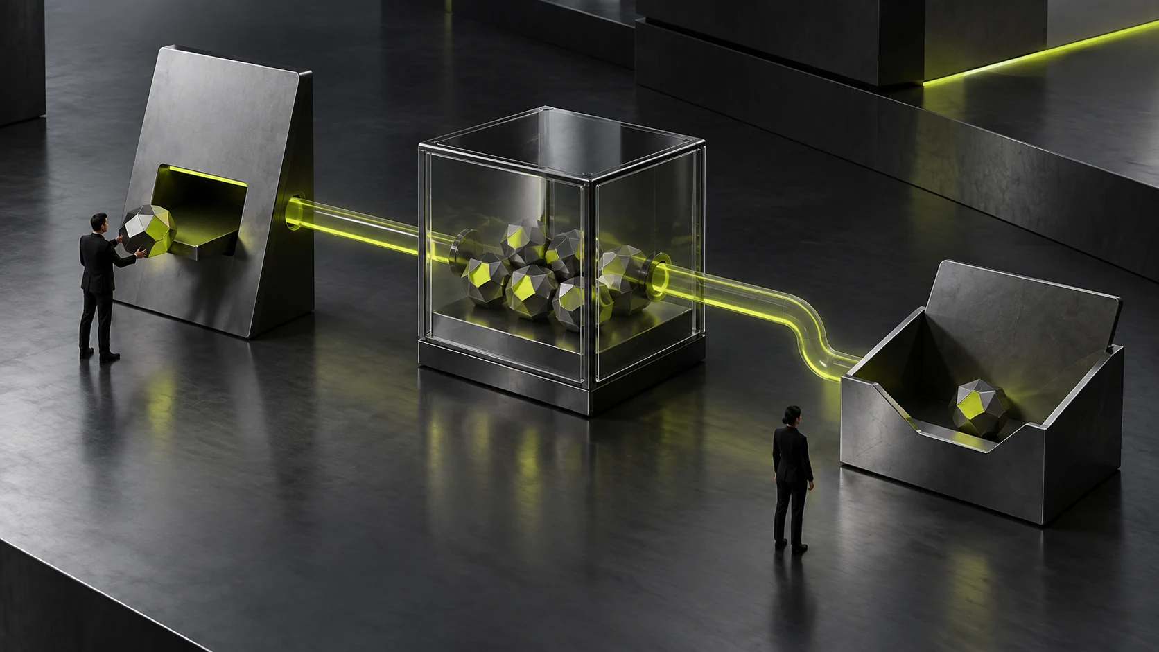 A continuous path links submission, record storage and receipt trays, with matching capsules representing the same inquiry