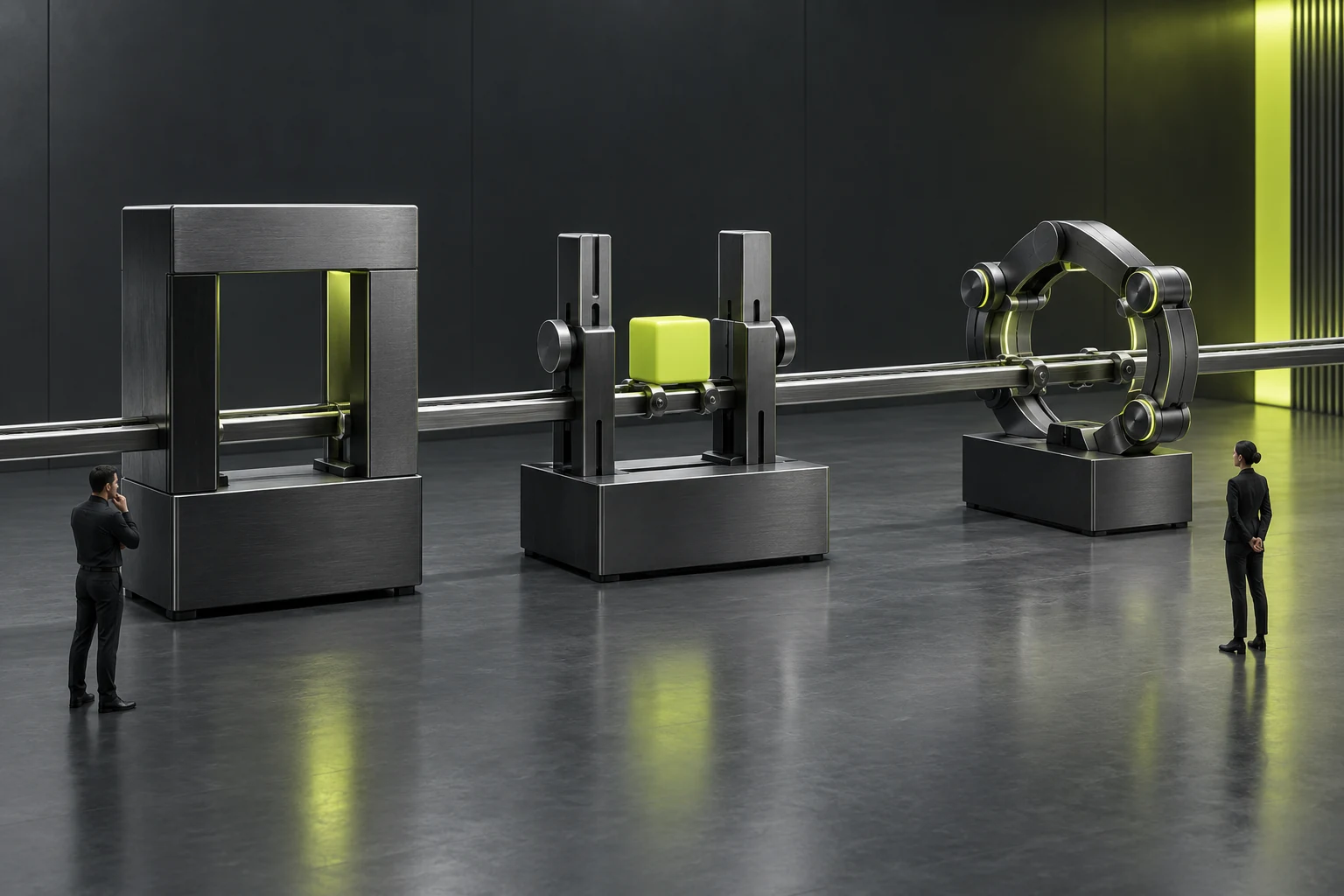 The same content object enters fixed, adjustable, and unrestricted module cradles to compare three approaches