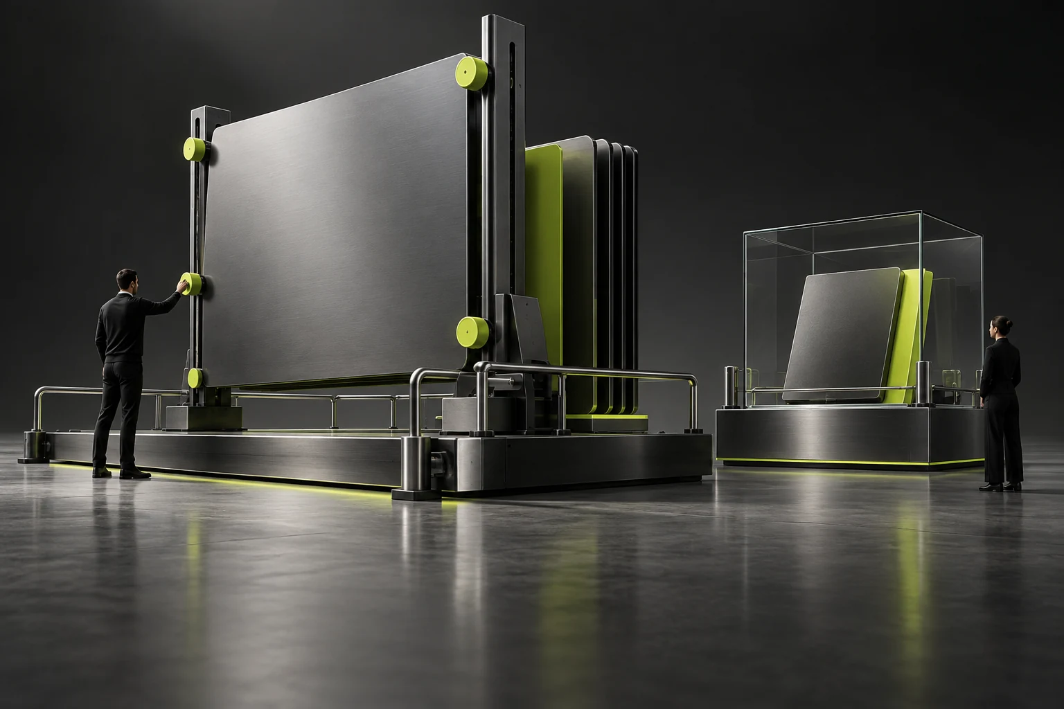 Conceptual illustration of adjustable editing handles and fixed structural guardrails distinguishing maintenance freedom, with draft modules stored on a glass support