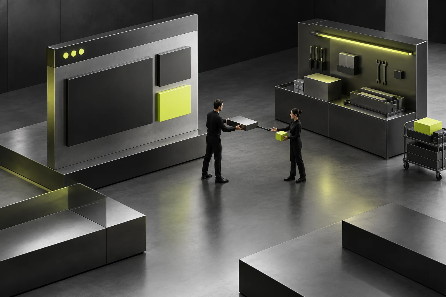 Conceptual illustration of finished page modules and recovery components passed through a handover area, with a nearby tool area for work requiring professional assistance