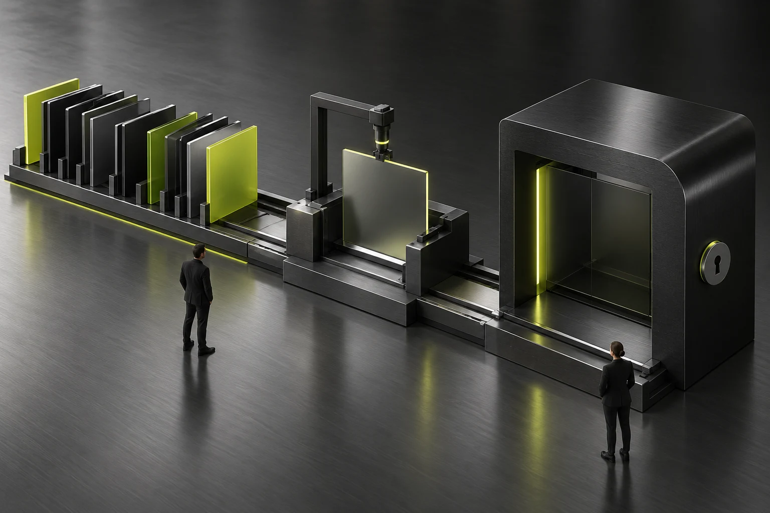 The materials queue, page production bench and approval gate are placed separately to distinguish production time from waiting time.