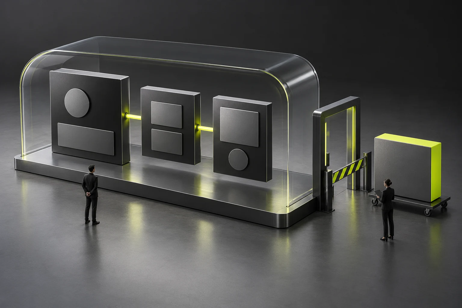 A transparent boundary surrounds the approved first release path, while new modules wait at an external review gate for a scope decision.